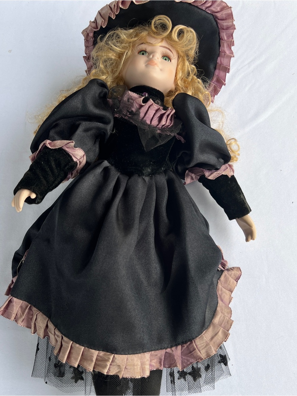 Vintage 18” Porcelain Doll Gothic Victorian Black Mauve Dress Bonnet